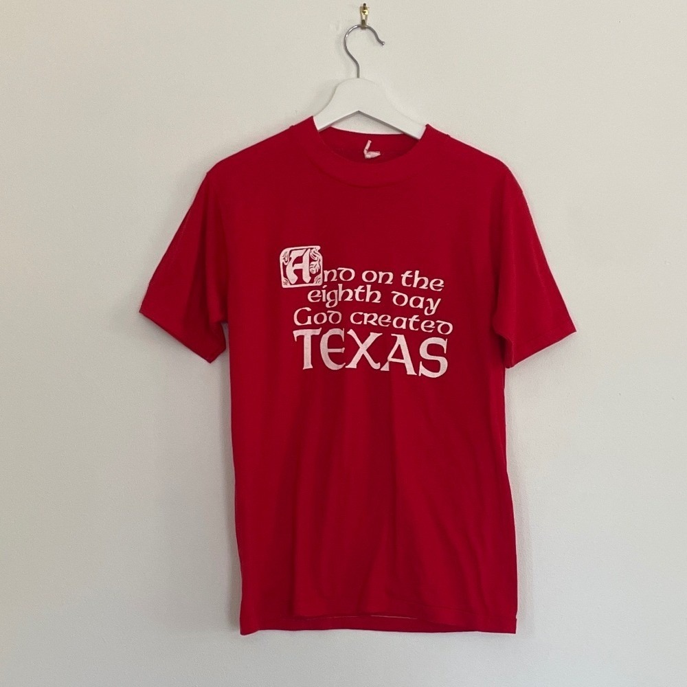 Vintage H Wolf & Sons God Created Texas Red Graphic T-Shirt Mens Large USA Made